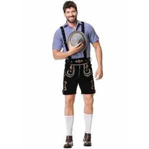 Detailed shot of traditional German beer festival outfit, embroidered leather shorts and plaid shirt.