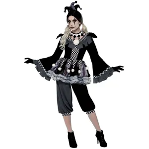 Costume da giullare malvagio per donna, vestito cosplay da circo arlecchino bianco e nero.