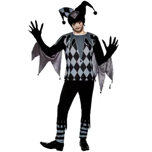Costume da clown spaventoso di Halloween per uomo, vestito cosplay arlecchino nero.