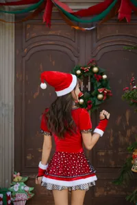 Women Christmas costume cosplay outfit sexy red velvet dress with santa hat and arm warmers.