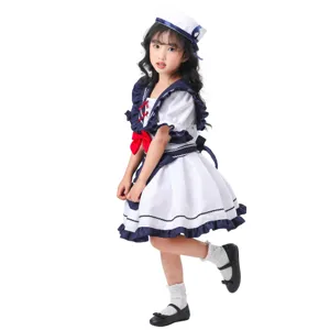 Détails de l'ensemble d'uniforme de marin anime pour enfants avec robe bleue et blanche.