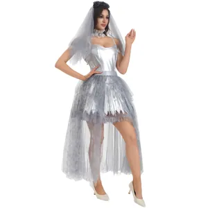 Detailed view of the Halloween ghost bride costume showcasing silver dress and lace veil.