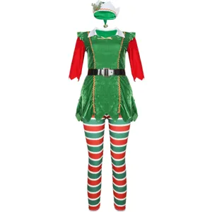 Christmas Elf Costume Long Sleeve Striped Leggings Holiday Cosplay Party Outfit Set