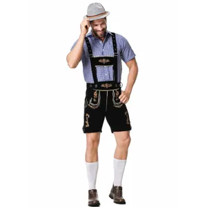 Detailed view of traditional German men's Oktoberfest beer costume set with embroidered lederhosen.