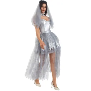 Detailed view of the elegant Halloween ghost bride vampire cosplay costume and veil dress.