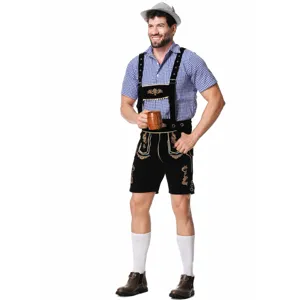 Men's Oktoberfest German beer costume set with embroidered lederhosen and plaid shirt detail view.