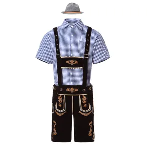 Men's German Oktoberfest Lederhosen costume set with checkered shirt and hat M-XXL