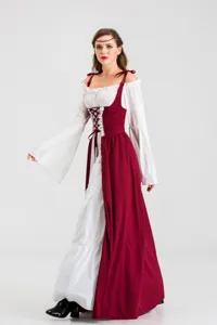 Medieval Renaissance costume dress, vintage square collar corset long sleeve gown for women details.