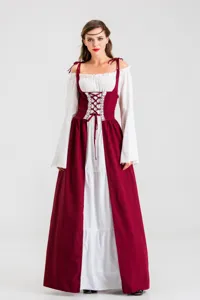 Medieval Renaissance cosplay dress detail view, square neck lace-up waist, elegant retro style costume.