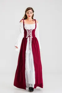 Close-up detail of medieval renaissance cosplay dress with lace-up corset and bell sleeves.
