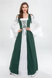 Detailed view of the vintage medieval renaissance cosplay dress with lacing and bell sleeves.