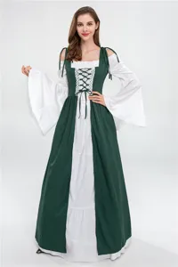 Medieval Renaissance gothic dress detail view, square neck lace-up corset long sleeve gown.