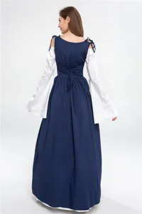 Back detail view of medieval renaissance vintage lace-up long sleeve cosplay dress for women.