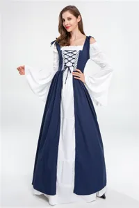 Medieval Renaissance cosplay dress, square collar laced waist long sleeve costume for women.