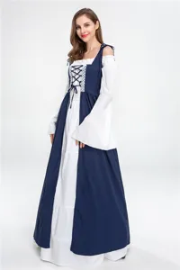 Medieval Renaissance vintage cosplay dress, square collar lace-up long sleeve maxi gown.