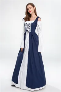 Medieval renaissance vintage lace-up long dress gothic cosplay costume for women detail view