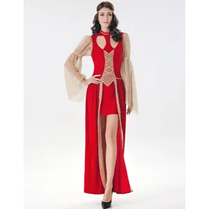 Detailansicht des roten mittelalterlichen griechischen Göttin Cosplay Kleid mit goldenen Ärmeln.