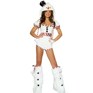 Womens Sexy Christmas Snowman Costume Set Velvet Hooded Jumpsuit With Plush Boot Covers For Xmas Cosplay Party Festive Outfit