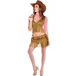 Women Western Cowboy Costume Set Tassel Vest Plaid Shirt Mini Skirt Cowgirl Hat Halloween Cosplay Stage Performance Party Outfit