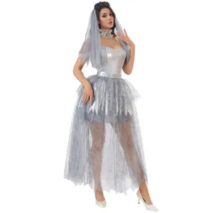 Halloween ghost bride cosplay costume, gothic vampire dress with veil for party performance.