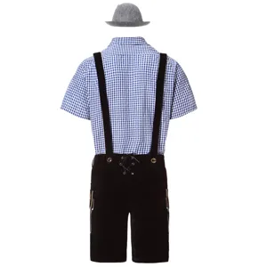 Men's Oktoberfest costume detail view featuring checkered shirt, hat, and suspender shorts.