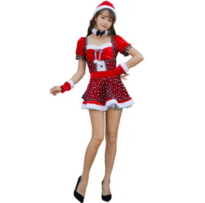 Women Sexy Christmas Cosplay Costume Top And Bottom Off-Shoulder Red Polka Dot Polyester Velvet Dress Hat Neck Ring Gloves
