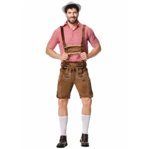 Men's traditional Oktoberfest costume set featuring embroidered lederhosen and red checkered shirt.