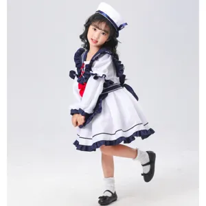 Costume d'uniforme de cosplay de marine à manches longues pour enfants avec jolis volants et jupe.