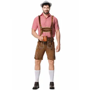 Men's Oktoberfest costume set featuring checkered shirt and embroidered leather shorts.
