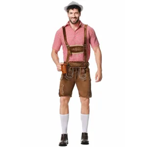 Men lederhosen costume set with red checkered shirt, embroidered shorts for Oktoberfest party.