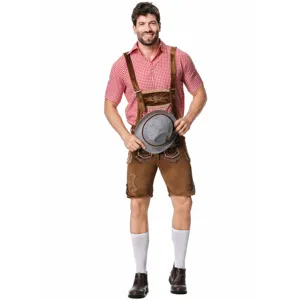 Men traditional German Oktoberfest costume set with plaid shirt and embroidered leather pants.