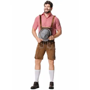 Detail view of traditional Bavarian Oktoberfest mens leather shorts costume with red checkered shirt.