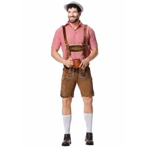 Men German Bavarian Lederhosen Costume Set with Red Checked Shirt and Embroidered Shorts.