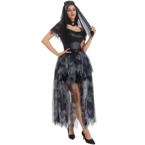 Detailed view of the black Halloween cosplay dress set, featuring a ghost bride costume.