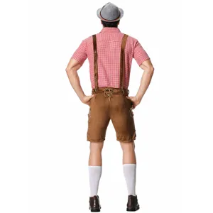 Back view of men's traditional German beer festival costume set with suspender shorts and shirt.