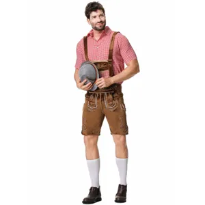 Detailed showcase of the traditional Bavarian beer festival costume with embroidered leather shorts.