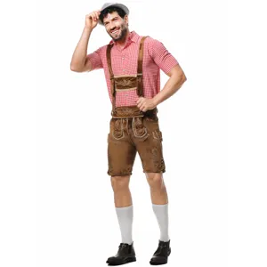 Detailed view of traditional German Oktoberfest leather shorts and plaid shirt costume set.