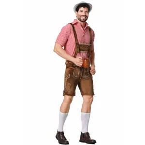 Close-up details of the traditional German costume, embroidery, and plaid shirt design.