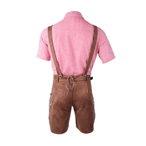Back view detail of mens traditional Bavarian Oktoberfest costume with red checkered shirt.