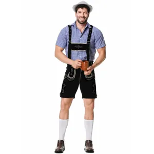 Men Oktoberfest embroidered lederhosen costume set with checkered shirt for party dress
