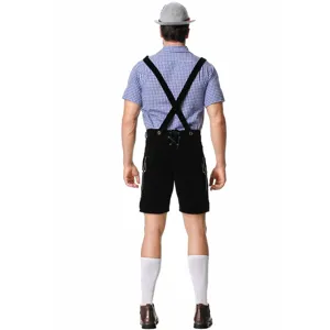 Men's traditional German Oktoberfest costume detail view showing checkered shirt and shorts.