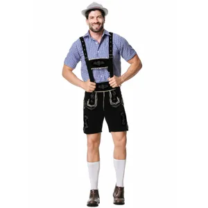 Detailed view of traditional German beer festival men costume with embroidered leather shorts shirt.