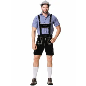 Traditional Oktoberfest costume detail with embroidery, checkered shirt and shorts.