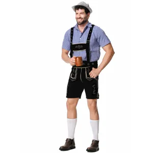 Traditional German Oktoberfest men's lederhosen costume set with plaid shirt and embroidery.