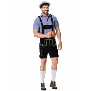 Men Oktoberfest German beer festival costume set with checkered shirt and embroidered lederhosen.