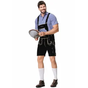 Detailed view of traditional German beer costume with embroidered suspender shorts and plaid shirt.