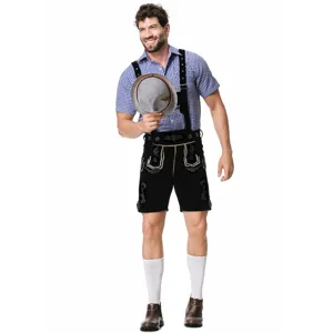 Men's German beer festival costume detail featuring Bavarian embroidered suspender shorts.