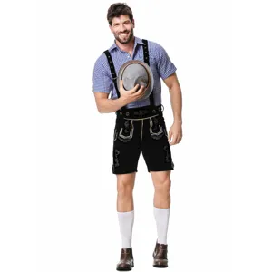 Men's Oktoberfest Lederhosen set with embroidered suspenders, checkered shirt, detail.