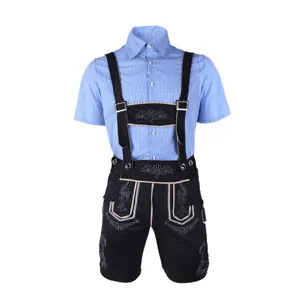 Men German Lederhosen Beer Festival Costume Short Sleeve Gingham Shirt Suspenders Shorts Set