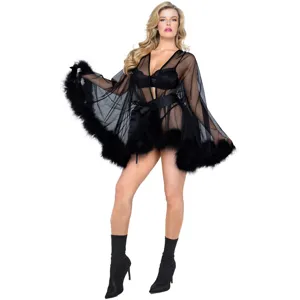 Women Sexy Transparent Mesh Maxi Robe With Feather Trim Long Sleeve See-Through Lingerie Sleepwear Nightdress With Satin Belt